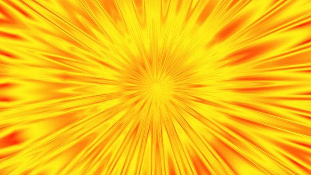 A golden sun shinning hot. Animation of abstraction light tunnel. Abstract motion background with rays of yellow and red light. Fiery circles. Quick action.