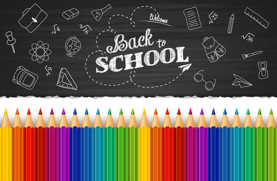 Welcome back to school background with hand drawn doodle elements and colorful pencils