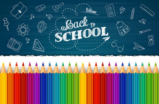 Welcome back to school background with hand drawn doodle elements and colorful pencils