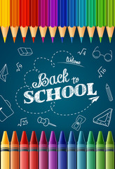 Welcome back to school with colored pencils and crayons