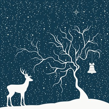 Greeting Christmas card with tree and deer