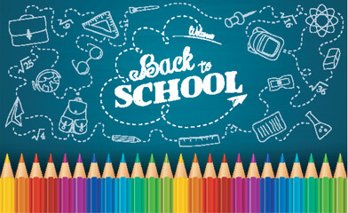 Welcome back to school background with doodle elements on chalkboard and colorful pencils