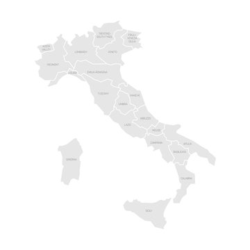 Map of Italy divided into 20 administrative regions. Grey land, white borders and black labels. Simple flat vector illustration.