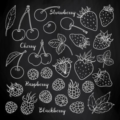 Summer fruits and berries set: cherry, strawberry, raspberry, blackberry. Vector sketch on blackboard.
