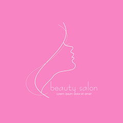 Face of pretty girl with stylish hairstyle. Woman's head in circle. Elements of design of cosmetic products logo. Print with gold foil on a black background. Vector illustration. Modern linear style.