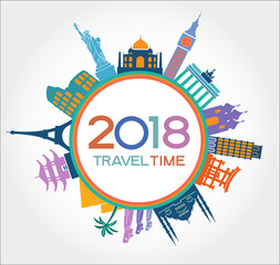 Travel and tourism background. Creative happy new year 2018 design. New Year background. Colorful template with icons and tourism landmarks. 