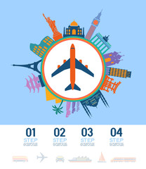 Obraz na płótnie Canvas Infographics elements. Airplane icon surrounded by Travel and Famous Landmarks icons. Travel concept with stylish colorful icons