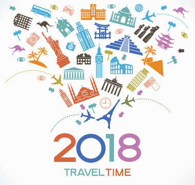Travel and happy new year 2018 design background with icons and tourism landmarks.