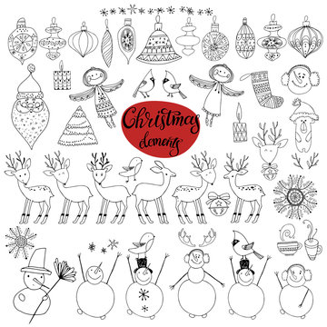 Christmas decorations, design isolated elements on a white background. Vector doodle illustration.