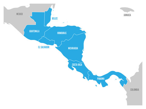 Map of Central America region with blue highlighted central american states. Country name labels. Simple flat vector illustration.
