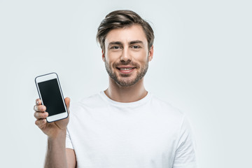 man showing smartphone