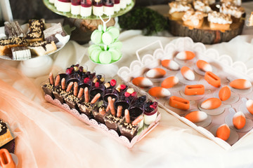 Different kinds of baked sweets on a buffet