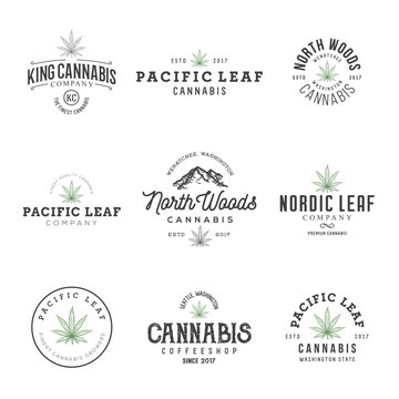 Set of marijuana cannabis leaf logo, labels.
