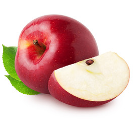 Isolated apples. Whole red, pink apple fruit with slice isolated on white with clipping path