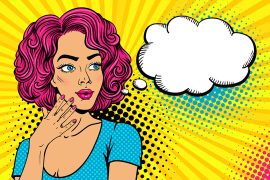 Wow female face. Sexy surprised young woman with open mouth and pink curly hair, bright nails and empty speech bubble. Vector colorful background in pop art retro comic style. Party invitation poster.