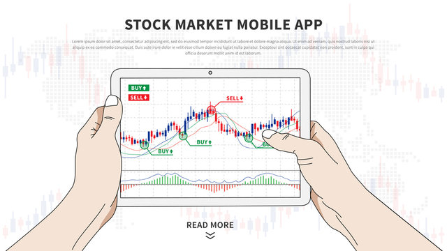 Stock market app vector illustration. Application for investment and online trading. Stock market mobile software graphic design. Hands hold tablet with japanese candlestick chart on it.