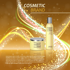 3D realistic cosmetic bottle ads template. Cosmetic brand advertising concept design with glitters and bokeh background