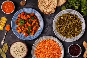 Traditional Indian curry with lentils, mung beans.