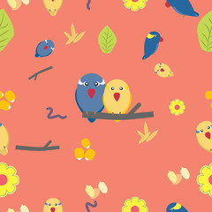 Seamless pattern of cute parrots seeds grain flower and leaf on pink background.