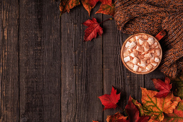 Autumn background with hot chocolate, knitted scarf, multi-colored leaves.