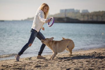 Close up scene of happy blond girl playing with her labrador dog on the beach