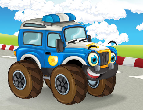 cartoon scene with happy smiling monster truck on the race truck illustration for children 