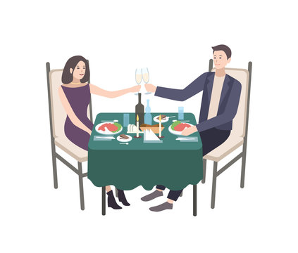Pair of young man and woman dressed in formal clothes sitting at table decorated by tablecloth and candles and clinking champagne glasses. Couple at candlelight dinner. Cartoon vector illustration.