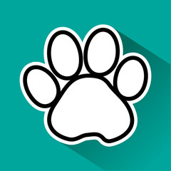 Black and white animal paw track with shadow on green background. Vector illustration