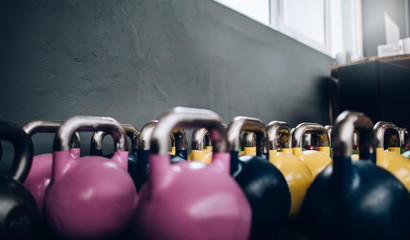 Close-up of Kettle Bells standing in Crossfit Gym