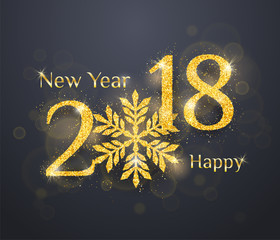 Fototapeta na wymiar 2018 Happy New Year greeting card background with golden glitter numbers on dark background. Vector holiday banner