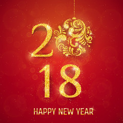 2018 Happy New Year Background with golden glitter numbers on red background. Vector holiday design for your flyer banner and greeting cards