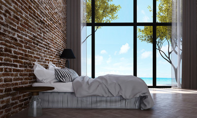 The interior design of loft bedroom and red brick texture wall and sea view / 3D rendering new scene
