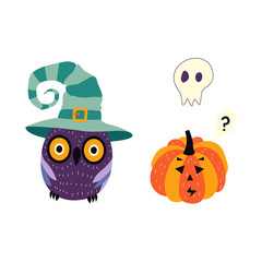 vector flat cartoon halloween autumn holiday symbols set. Pumpkin or Jack O'Lanterns, owl in witch hat and ghost in shape of skull. Isolated illustration on a white background.