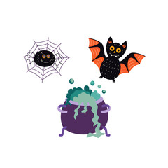 vector flat cartoon halloween autumn holiday symbols set. Black funny bat, spider in net and witch boiling pot or cauldron with magic brew. Isolated illustration on a white background.