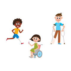 vector flat disabled people set. Cartoon boy standing on crutches with broken leg in plaster ,black man running with leg prosthesis, girl in wheelchair. isolated illustration on a white background.