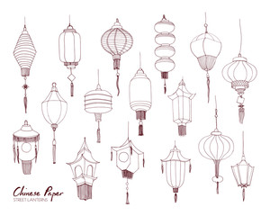 Fototapeta na wymiar Set of Chinese paper street lanterns of different types and sizes hand drawn with contour lines. Bundle of traditional asian festival decorations isolated on white background. Vector illustration.