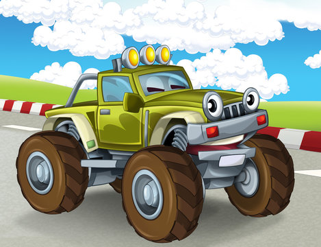cartoon scene with happy smiling monster truck on the race track illustration for the children © honeyflavour