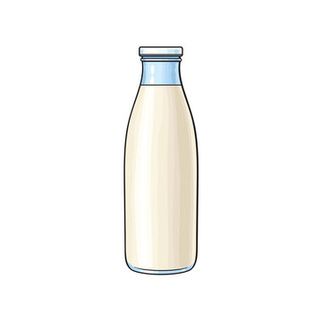 Vector cartoon glass bottle of milk. Isolated illustration on a white background. Soft drink, refreshing beverage image.