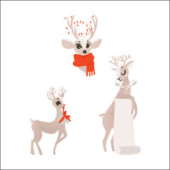 vector flat cartoon christmas reindeer holding blank paper scroll, deer in red scarf head and holding present box winter holiday animal full lenght set. Isolated illustration on a white background.