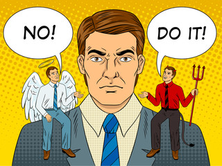 Devil and angel on shoulders pop art vector