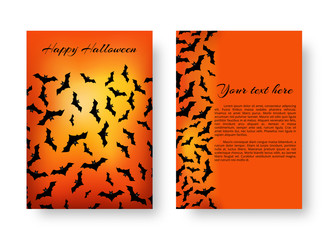 Scary cover design of brochure with bats for festive Halloween design on the orange backdrop. Vector illustration.