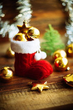 Christmas decoration with Santa's boot and Christmas tree balls