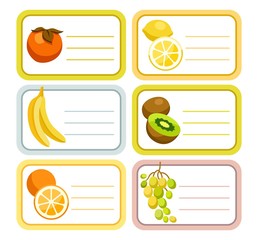Fruit, labels, stickers, color, vector. Rectangular white label with coloured outline and a fruit. Fruit from the southern countries. The stickers on the jars with the canning.