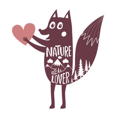 Vector illustration with fox holding heart and mountains landscape inside. lettering quote - Nature Lover.