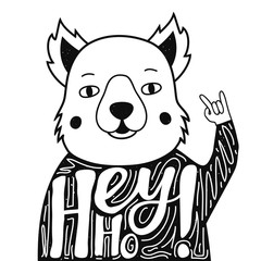Vector illustration with cool dog showing rock sign. Hey Ho! - Lettering quote.
