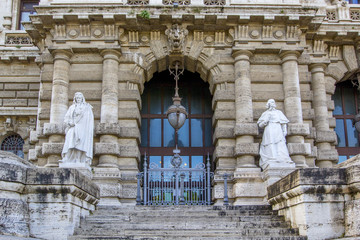 Architectural fragments of Palace of Justice (Corte Suprema di Cassazione). Design by Perugia architect Guglielmo Calderini, built between 1888 and 1910. Rome, Italy.