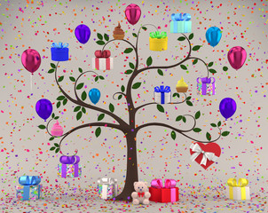 Tree with gift boxes. 3D illustration