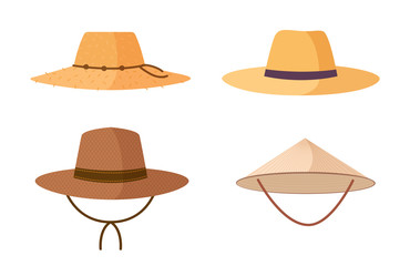 Collection of gardener, farmer or agricultural worker straw hats isolated on white background. Headdresses, head accessories of different types and styles. Colorful cartoon vector illustration.