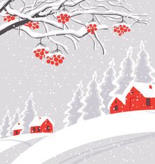 Naklejka premium Vector white winter landscape with branches and bunches of rowan tree, with village and red houses on the snowing hill