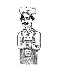 culinary boss or chef, baker in apron.. engraved hand drawn in old sketch and vintage style for label and menu. interior of bakery shop. organic food.